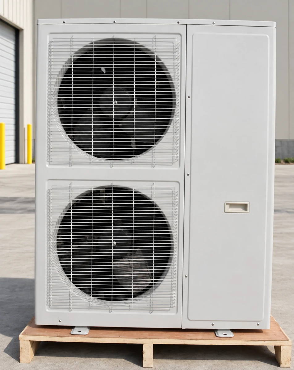 Illustrative supplier family example: condensing-unit family example in an outdoor service staging area, showing a white upright cabinet with two vertically stacked fans, a solid service panel and its shipping pallet