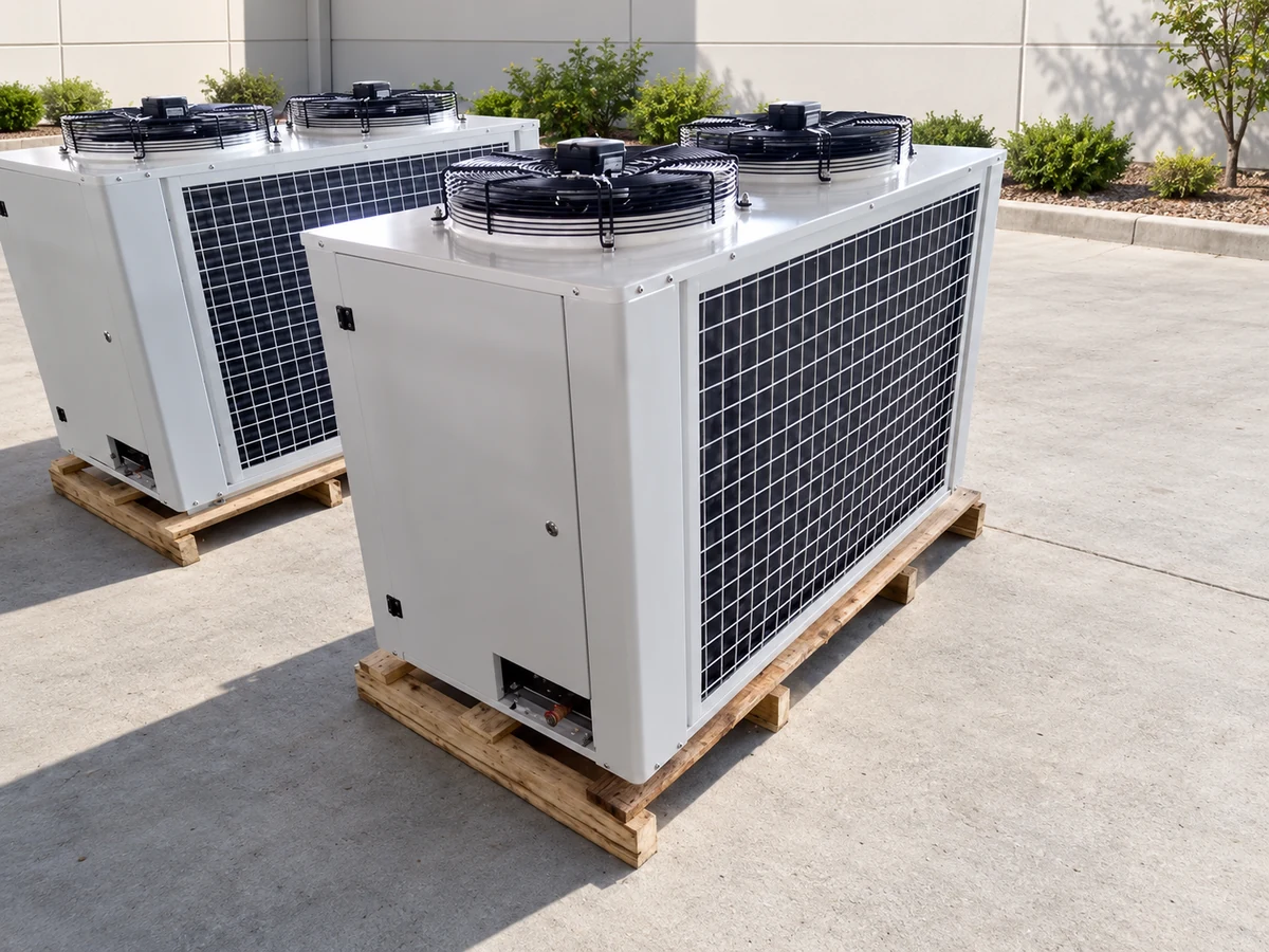 Illustrative supplier family example: condensing-unit family examples in an outdoor service staging area, showing a foreground cabinet with two top-mounted fans, a large coil grille and its shipping pallet; a second source unit remains behind