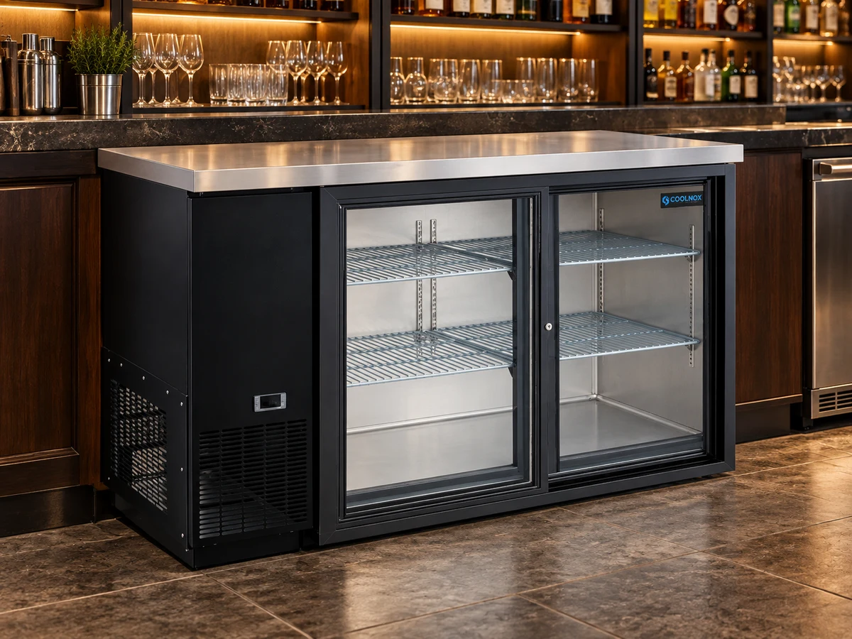 CoolNox back bar cooler in a restaurant back-bar service area; DBB48-S2 representative source, DBB60S variant unconfirmed
