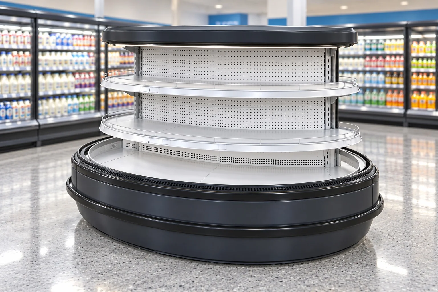 6-Foot Round Island Open Shelf Refrigerator — End unit 6 ft · Remote configuration illustration