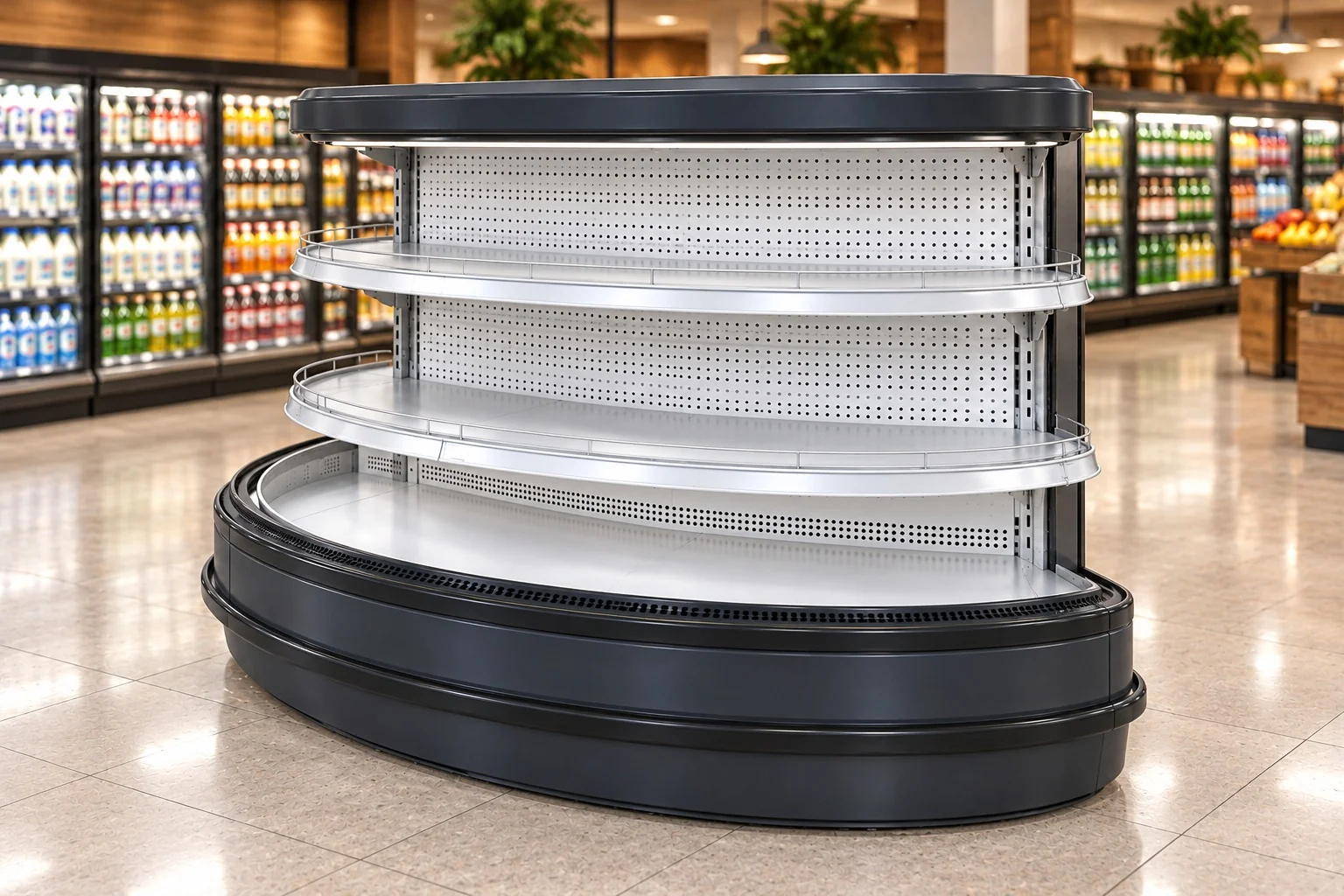 7-Foot Round Island Open Shelf Refrigerator — End unit 7 ft · Remote configuration illustration