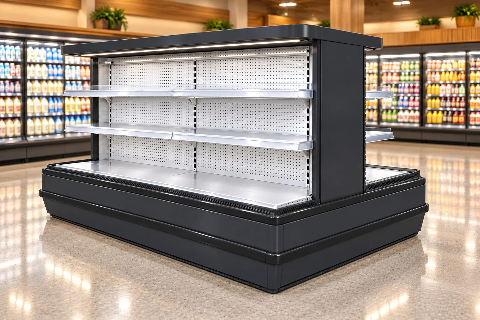 8-Foot Round Island Open Shelf Refrigerator — Middle 8 ft · Remote configuration illustration