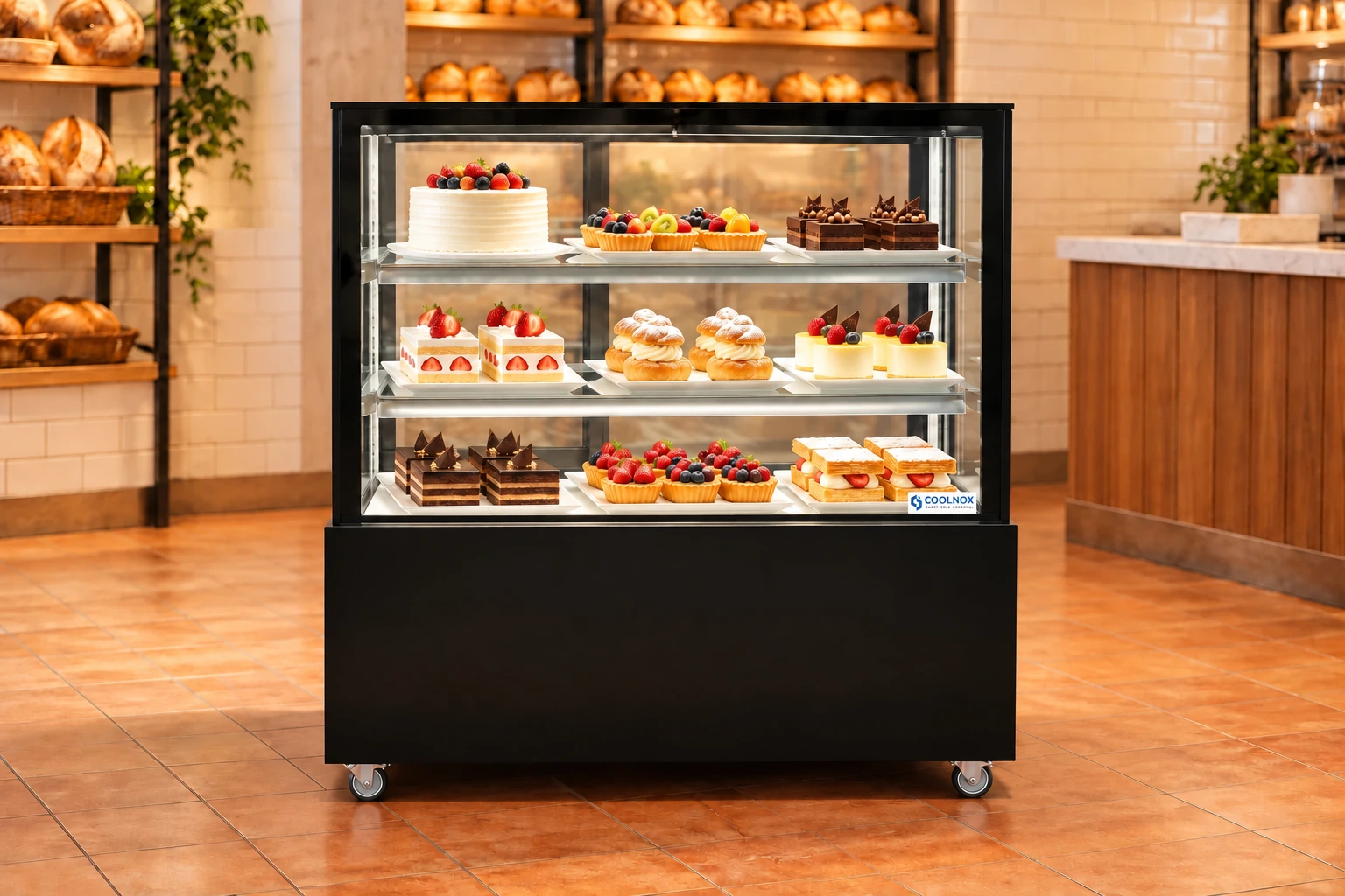 4-Foot Cake Display Cooler — 4 ft low · Built-in configuration illustration
