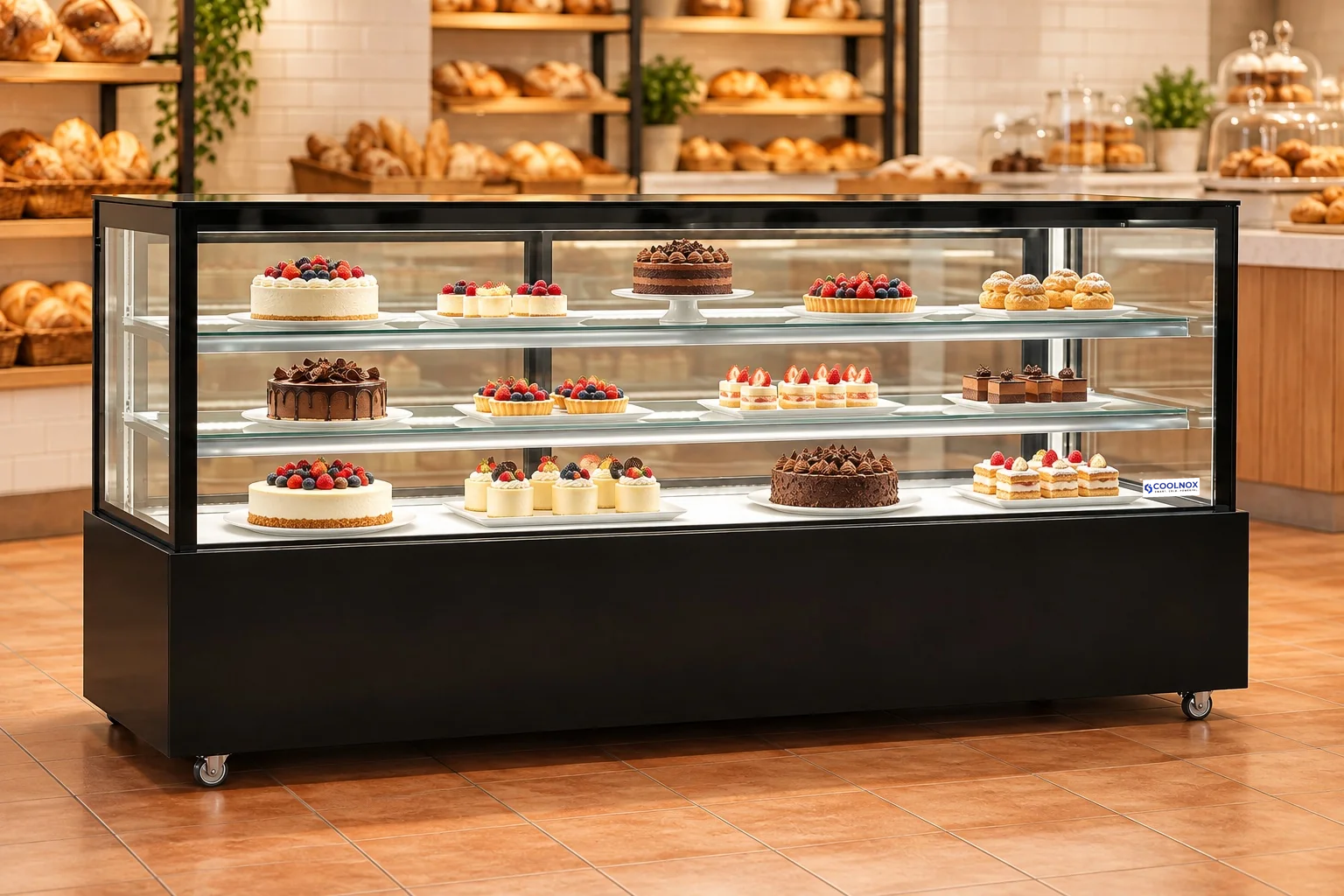 8-Foot Cake Display Cooler — 8 ft low · Built-in configuration illustration