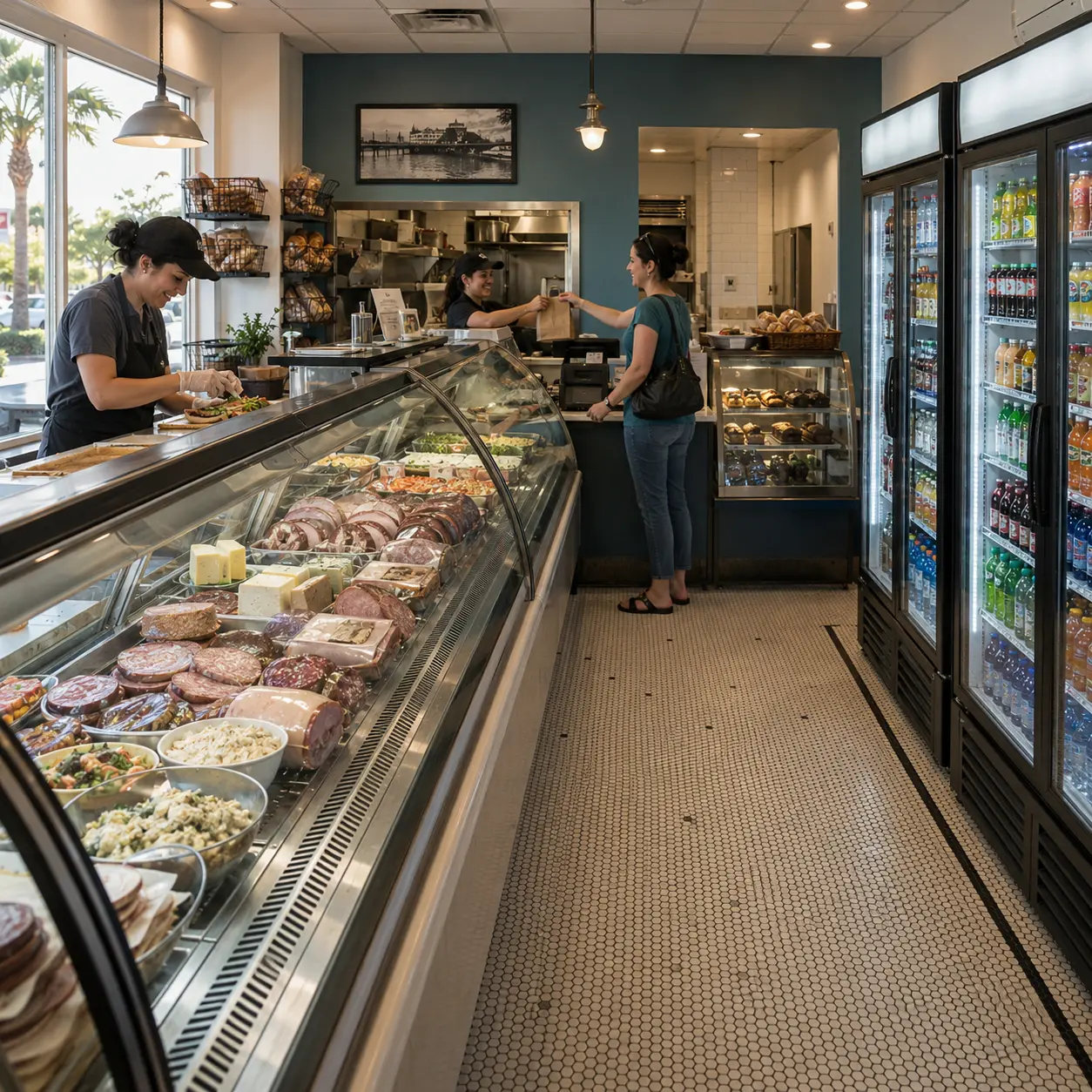 A working independent market equipped with deli cases, refrigerated merchandising and food preparation equipment