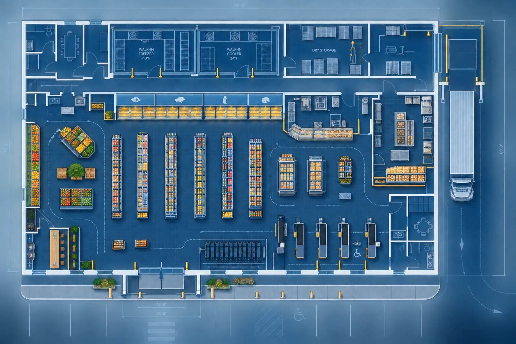 Overhead equipment-planning blueprint for an independent grocery store